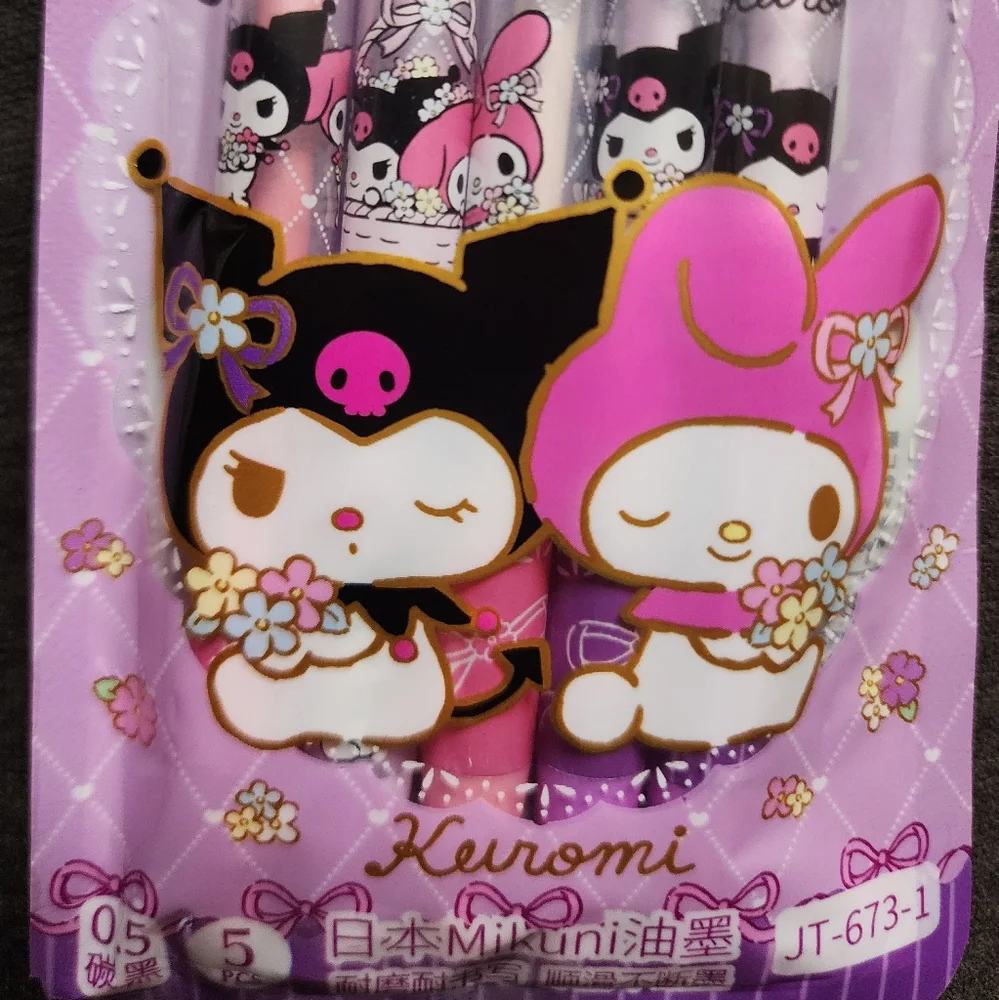 5pcs/set Cute Girl's Pink My Melody And Kuromi Gel Pen Black Ink 0.5mm School